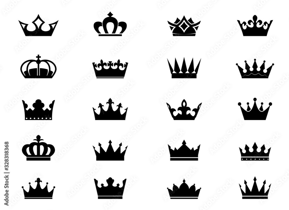 Set black vector king crowns and icon on white background. Vector Illustration. Emblem and royal symbols.