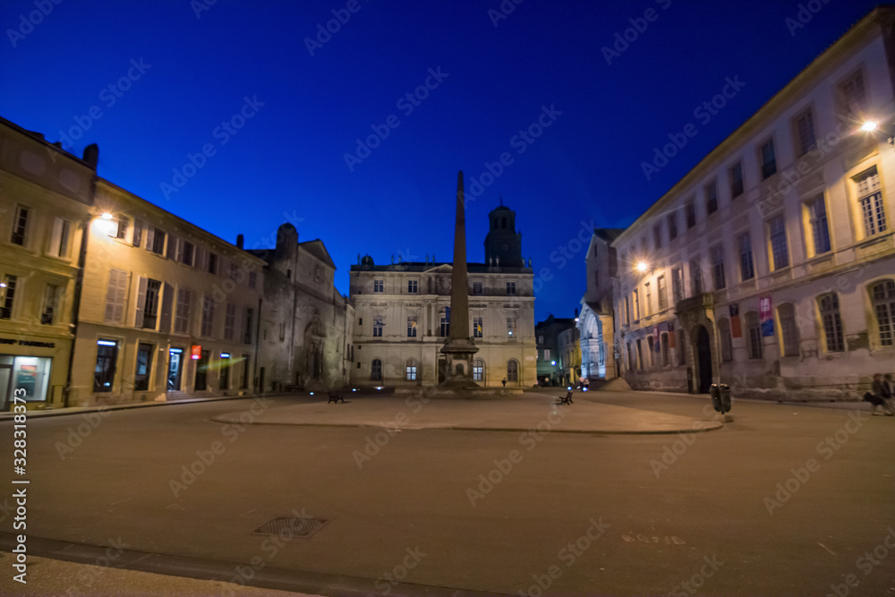 Night view of the Republic Square, in Arles, France.