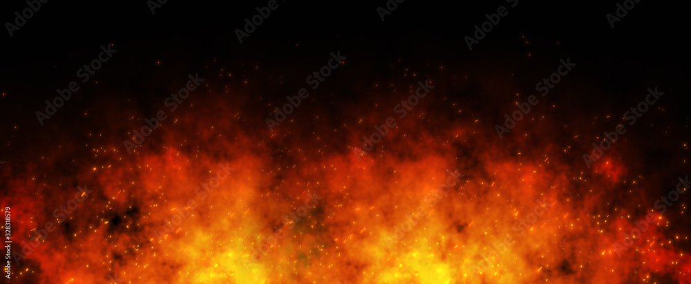 Fire ember particles over  black background. Fire sparks background. Abstract dark glitter fire particles lights.