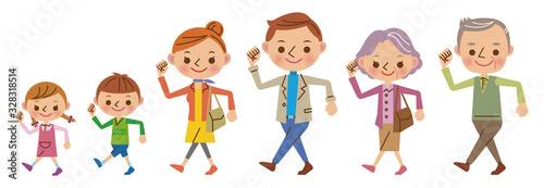 元気に歩く3世代家族