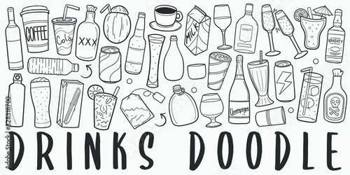 Drinks and Beverages Doodle Line Art Illustration. Hand Drawn Vector Clip Art. Banner Set Logos.