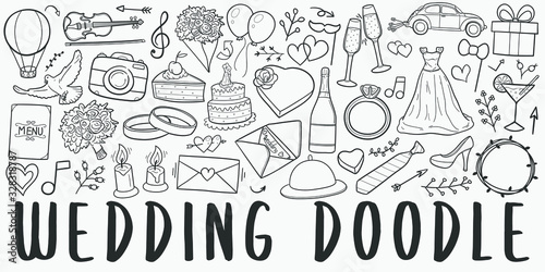 Wedding Party Doodle Line Art Illustration. Hand Drawn Vector Clip Art. Banner Set Logos.