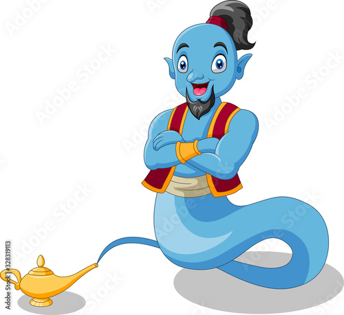 Cute cartoon genie appear from magic lamp