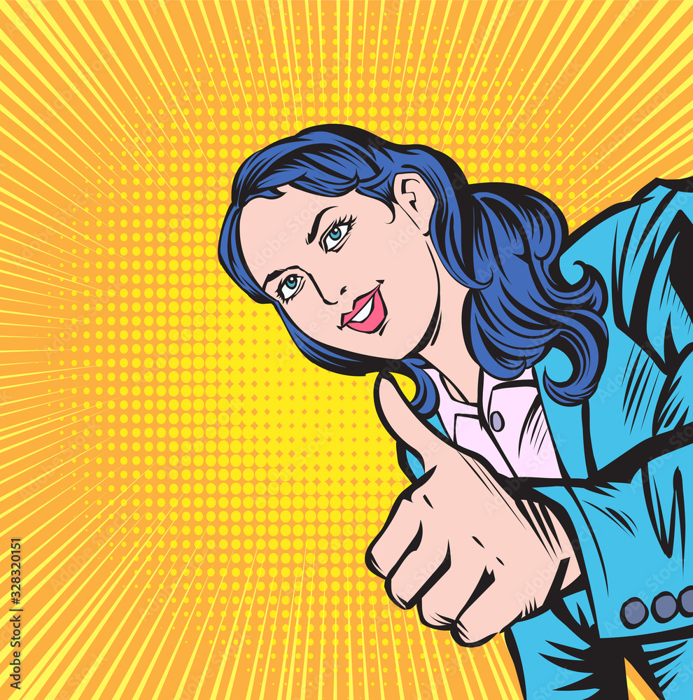 The businesswoman is satisfied, so she thumbs up. Pop art retro illustration comic Style Vector, Separate images of people from the background. The businesswoman is satisfied, so she thumbs up. Pop art retro illustration comic Style Vector, Separate images of people from the background.