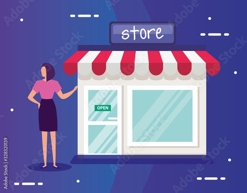 business woman with store facade vector illustration designicon