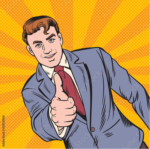 Business people show satisfaction by lifting their thumbs up. Pop art retro illustration comic Style Vector, Separate images of people from the background.