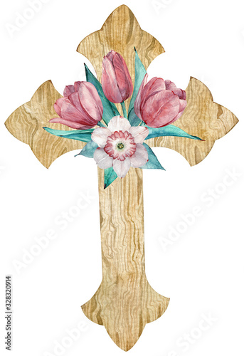 Holy Christ Cross. Watercolor illustration of wooden carved cross with pink flowers.