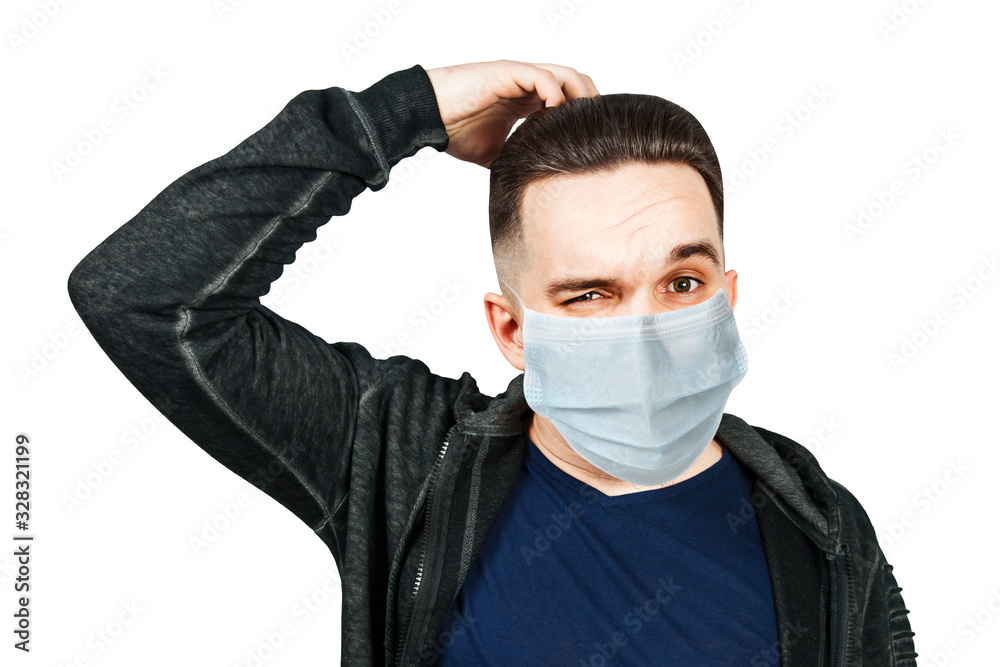 man wearing protective face mask prevent virus infection, pollution with idea pointing finger, white isolated background man wearing protective face mask prevent virus infection, pollution with idea pointing finger, white isolated background