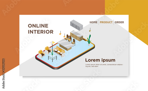 interior online design web page isometric style vector flat illustration