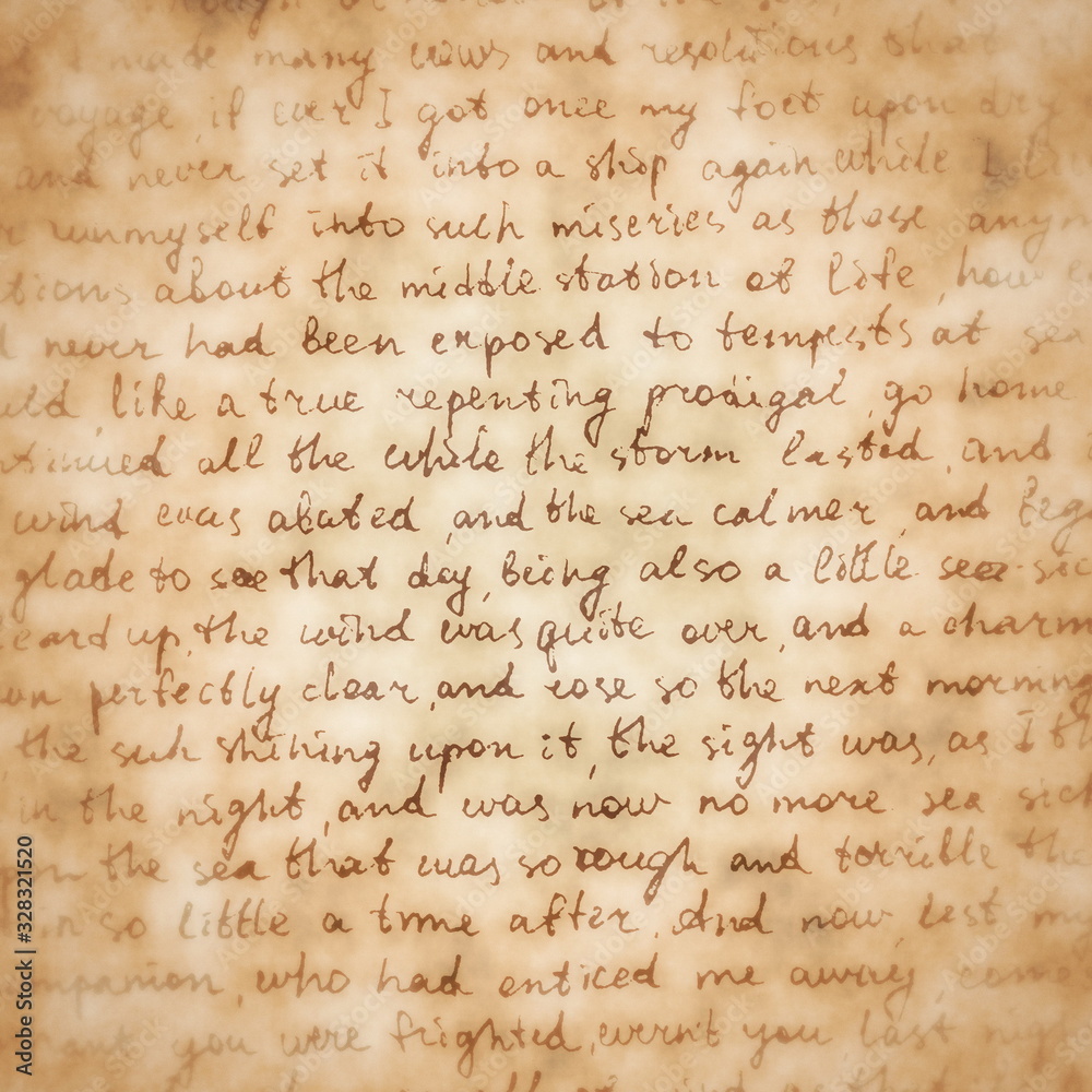 Brown square background of an inked fragment of a vintage manuscript with a vignette. Texture of an old handwritten letter. 