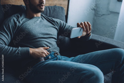 Cropped view of man masturbating while watching pornography on smartphone on sofa