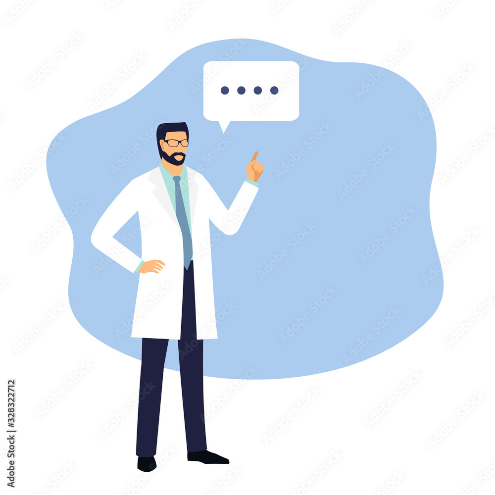 Doctor pointing finger upwards. Doctor presenting information header vector banner. Medic points to a speech bubble Doctor pointing finger upwards. Doctor presenting information header vector banner. Medic points to a speech bubble