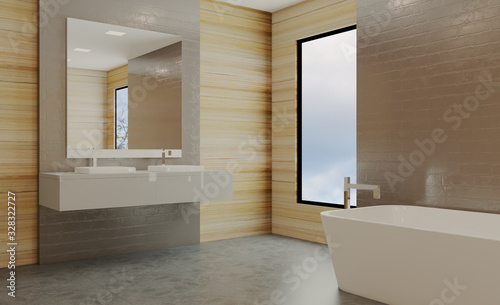 Large modern loft style bathroom. marble tile. 3D rendering.