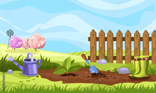 Vector stock banner with spring garden, rubber boots, fence, watering can, soil and trees in bloom. Garden bed with seedling, trowel in cartoon style. Farm background with copy space.