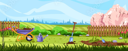 Horizontal spring landscape with backyard, gardening equipment and flowerbed with seedling. Banner with fields, fence, pink blooming trees, garden, wheelbarrow, shovel and tulips.