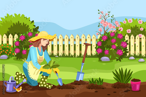 Woman gardener in hat and apron planting seedlings with trowel. Spring backyard concept with fence, blooming bushes, roses, shovel, bird and watering can. Vector stock illustration in cartoon style