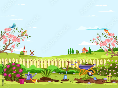Spring village concept with gardening equipment, fence, windmill, house, blooming trees and bushes, roses, seedling, soil and boots. Backyard landscape with copy space in cartoon flat style for banner