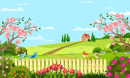 Horizontal spring landscape with fence, tulips, roses, blooming trees and bushes, hills, birds and house. Rural illustration with summer garden in cartoon flat style for banners, backgrounds, advertis