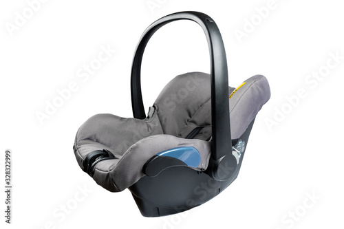 Baby safety car seat isolated on white background. Child car safety seat is isolated on a white. Modern car safety seat.