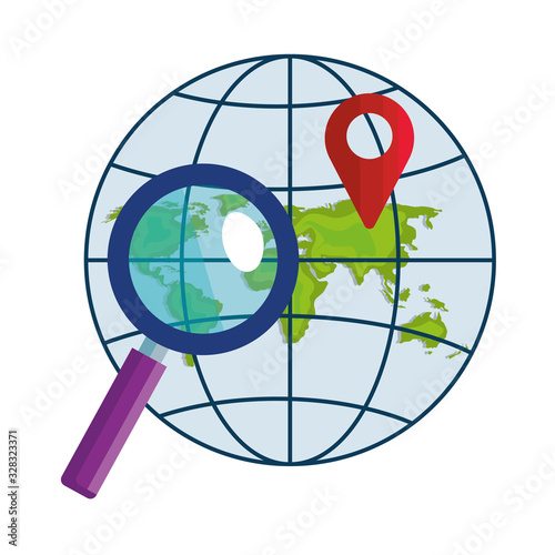 Gps mark lupe and global sphere design, Map travel navigation route road location technology search street and direction theme Vector illustration