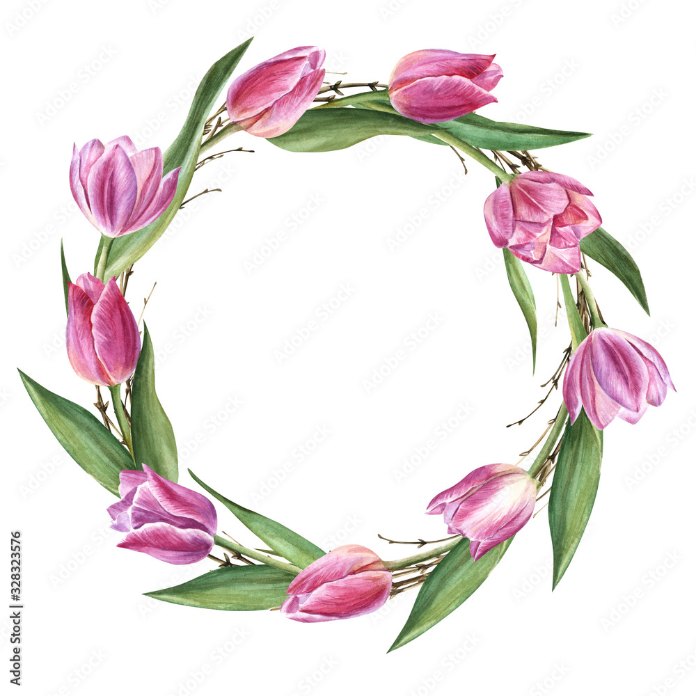 Hand drawn watercolor golden frame, tulips, ribbon, greens. Illustration for design Valentine's Day or Woman's Day greeting cards, invitation. Hand drawn watercolor golden frame, tulips, ribbon, greens. Illustration for design Valentine's Day or Woman's Day greeting cards, invitation.