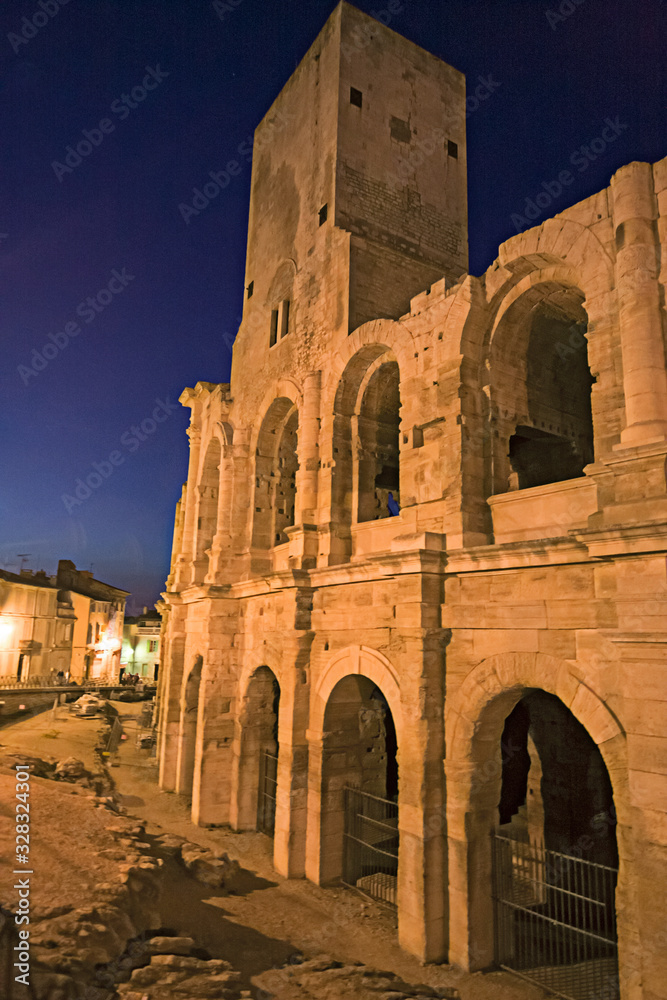 Night view of the Roman amphitheater of Arles in france.