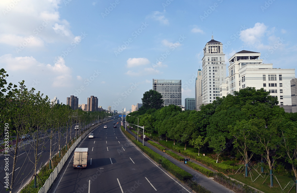 Urban streets and buildings in Shanghai, China