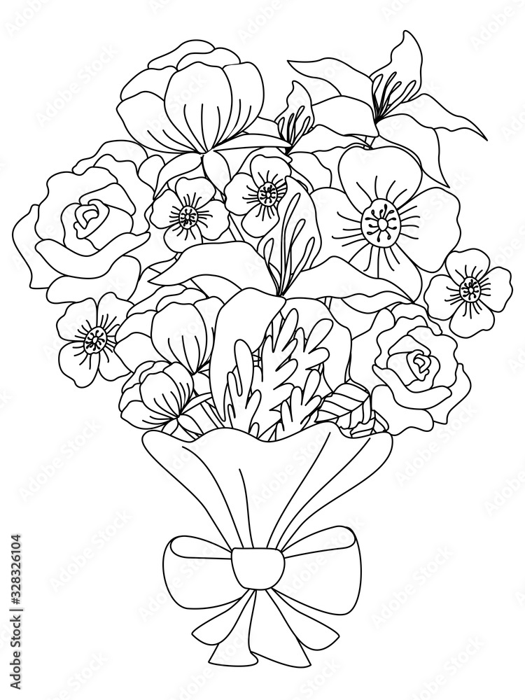 A bouquet of flowers for the holiday. Children coloring. Black lines, white background. Cartoon vector A bouquet of flowers for the holiday. Children coloring. Black lines, white background. Cartoon vector