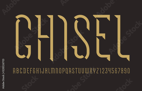 Alphabet from chiseled block, font, beveled Latin letters and Arabic numbers, vector illustration 10EPS for you design