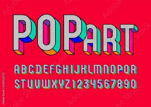 Pop art font, trendy graphic alphabet sans serif, modern 3d letters and numbers with black dot, vector illustration 10EPS