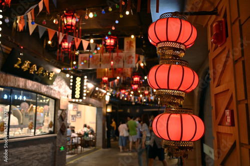 The red lanterns of the night market in China's urban streets