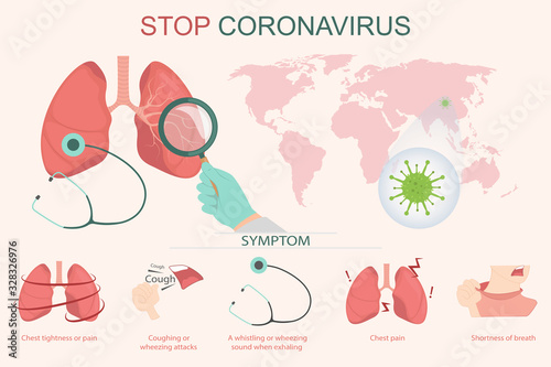Stop coronavirus and symptoms of the disease, cough. CoVID-19 Virus outbreak spread. Breathing and examining the lungs.