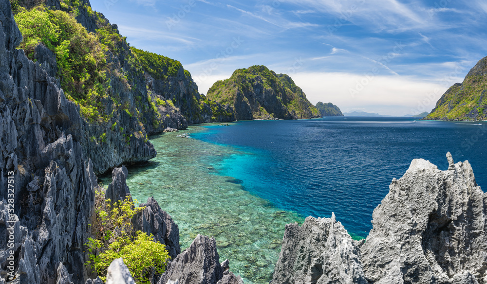 El Nido, Palawan, Philippines. Tapiutan strait with tourist boats. View