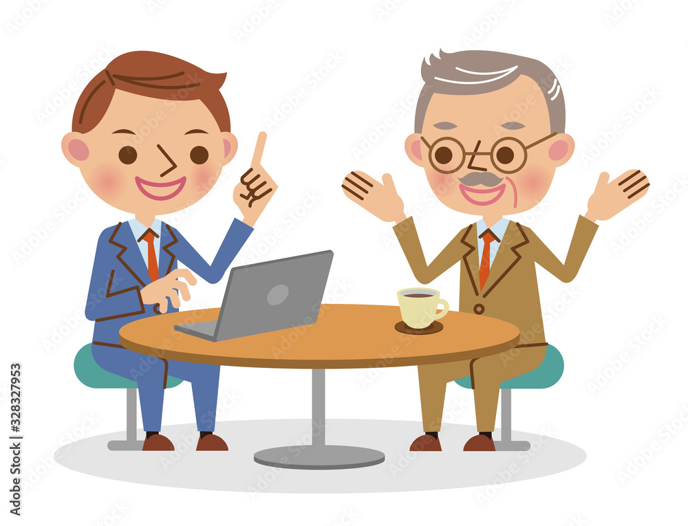 商談・打ち合わせ・ミーティングイメージ(若い男性とシニア男性) 商談・打ち合わせ・ミーティングイメージ(若い男性とシニア男性)