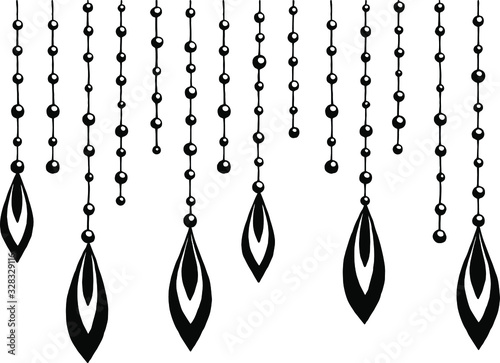 Black beads with decorations on a thread can be used as a fabric design, home textiles, wallpaper and other design.