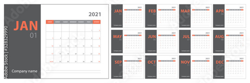 2021 calendar planning. English planner. Сolor vector template. Week starts on Sunday