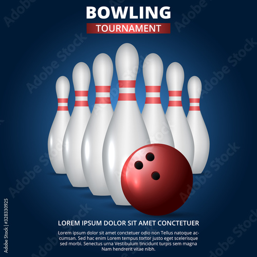 Bowling tournament game realistic card. White skittles and red ball on a blue background. Vector illustration eps 10.