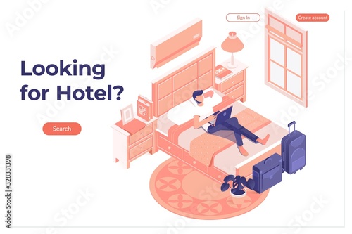Man Booking Hotel Reservation on Digital Tablet.Vector isometric hotel room icon