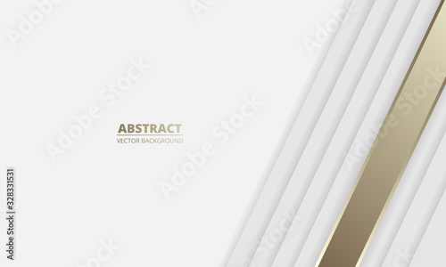 Silver white luxury abstract background with golden lines and shadows. Modern light banner with golden luminous lines. Futuristic abstract backdrop. Vector illustration EPS 10.