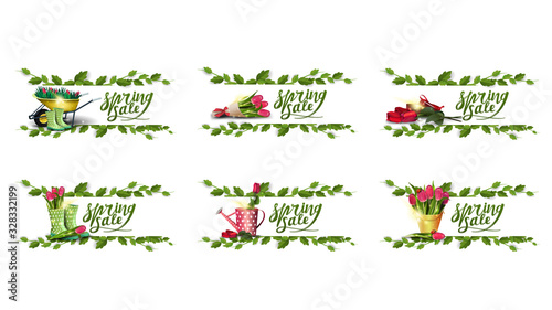 Spring saler, large collection discount banners with spring icons and frame of liana. Spring elements collection isolated on white background for your arts