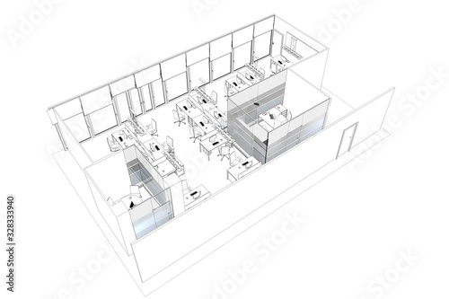 office contour visualization, 3D illustration, sketch, outline