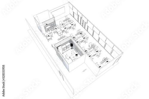 office contour visualization, 3D illustration, sketch, outline