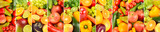Wide background of vegetables, fruits, berries, separated by vertical lines.
