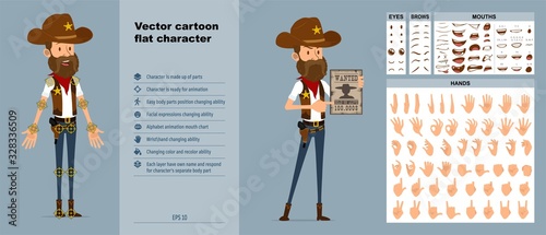 Cartoon funny sheriff character in cowboy hat from wild west. Ready for animations. Face expressions, eyes, brows, mouth and hands easy to edit. Isolated on blue background. Big vector icon set.
