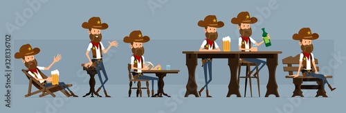 Cartoon cute funny sheriff character in cowboy hat with golden star from wild west. Sheriff in saloon with cards and beer. Ready for animations. Isolated on blue background. Big vector icon set.