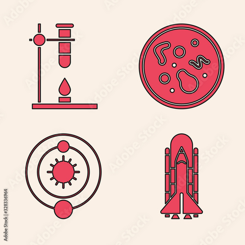 Set Space shuttle and rockets, Glass test tube flask on fire heater, Bacteria and Solar system icon. Vector