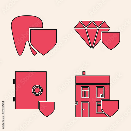 Set House with shield, Tooth with shield, Diamond with shield and Safe with shield icon. Vector