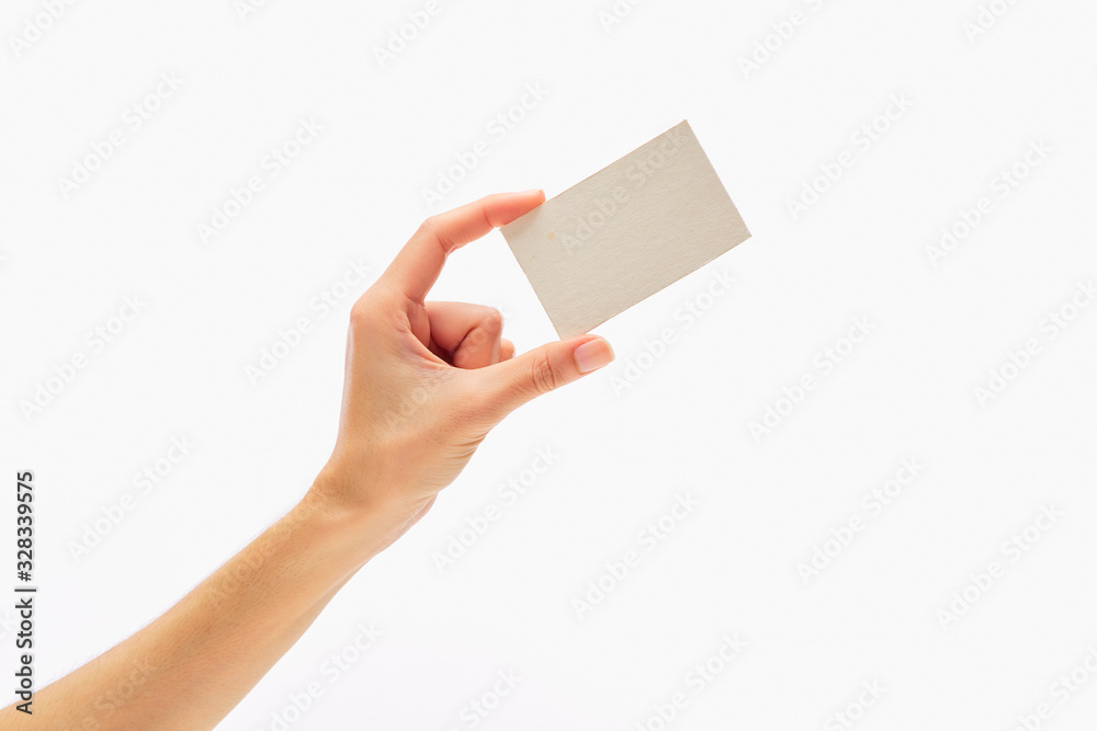 Empty paper card in woman hand Empty paper card in woman hand