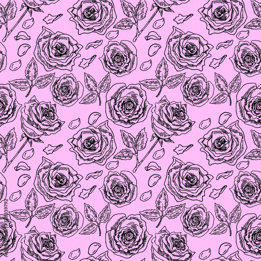 Roses with leaves and petals in line art style. Vector seamless pattern. Roses with leaves and petals in line art style. Vector seamless pattern.