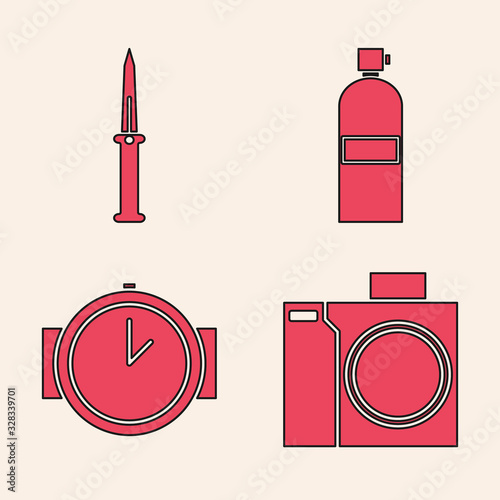 Set Photo camera for diver, Army knife, Aqualung and Diving watch icon. Vector